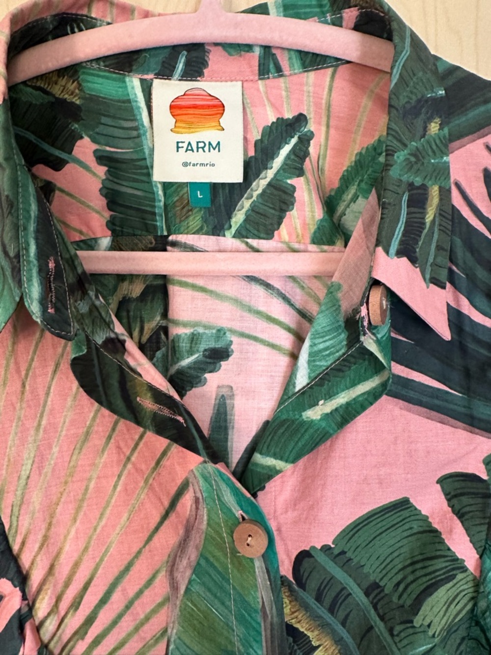 FARM Rio Pink and Green Tropical Leaf Ruffle Blouse - Picture 8 of 10